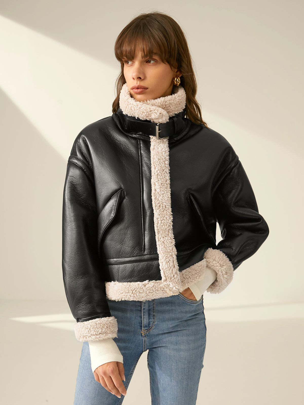 Shearling-fodrad Läderjacka