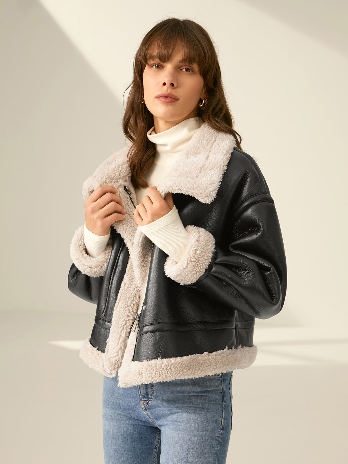 Shearling-fodrad Läderjacka