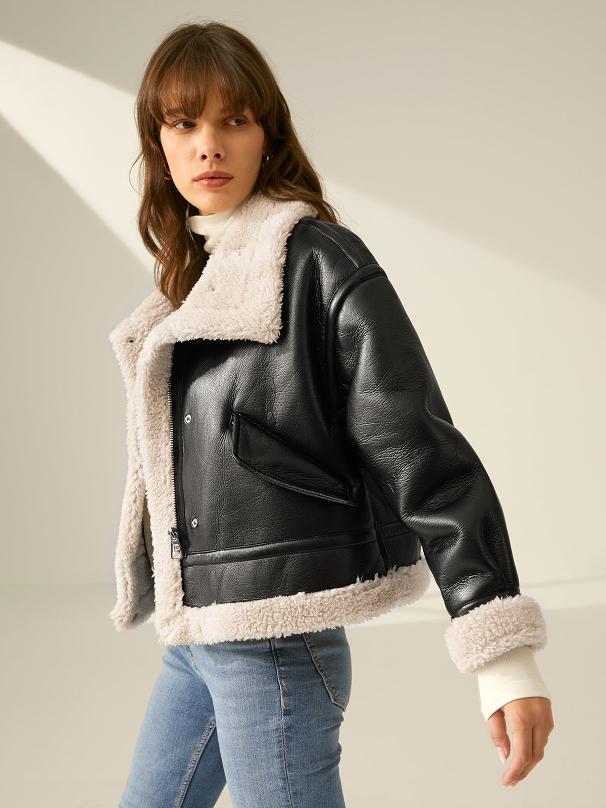 Shearling-fodrad Läderjacka
