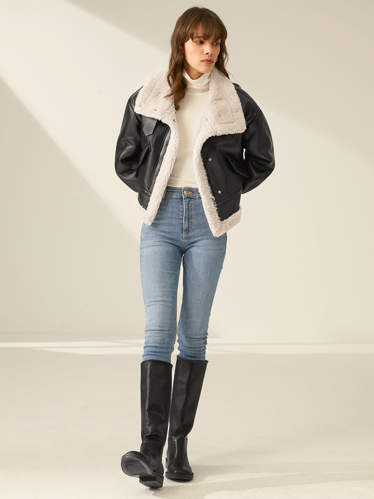 Shearling-fodrad Läderjacka